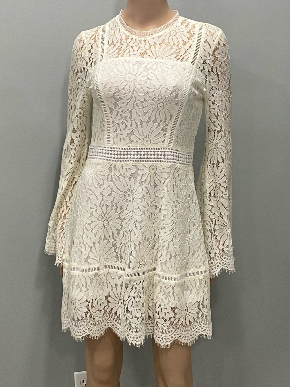 Lace Long-Sleeve Fit & Flare Dress in Cream size small